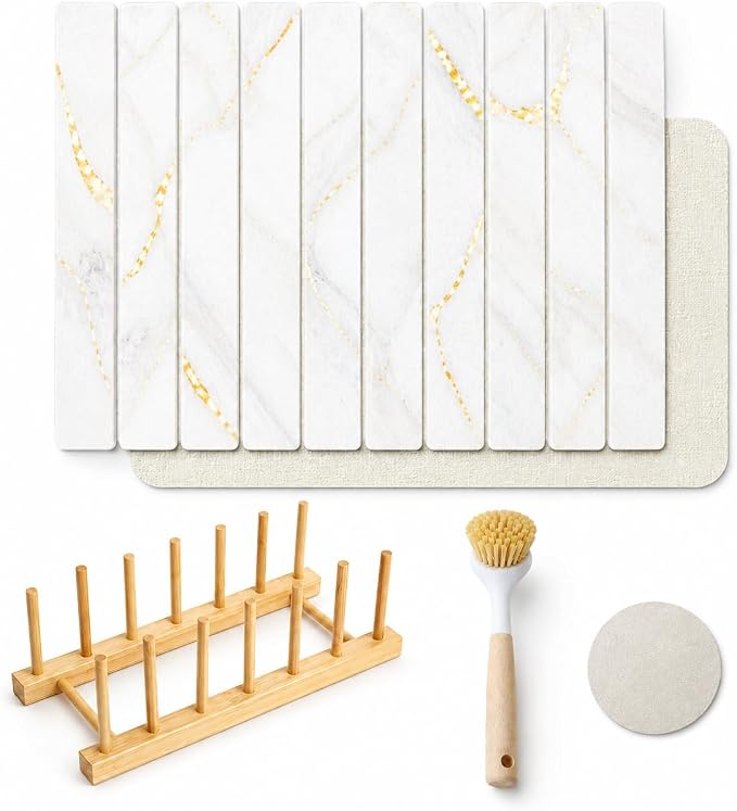 Dish Drying Mat, Large Stone Dish Drying Mat for Kitchen Counter 24" x 16", Foldable Diatomite Drying Stone Counter Mat with Non-Slip Base, Foldable Quick Dry Dish Drying Mats【White】