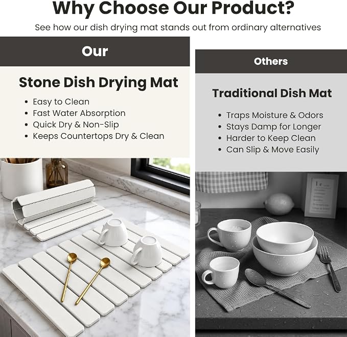 Stone Dish Drying Mat for Kitchen Counter, Large Quick Dry Diatomaceous Earth Stone Drying Mat, Foldable Water Absorbent Dish Drying Mat for Dishes, Cups, Bottles, Kitchen Sink & Countertop (White)