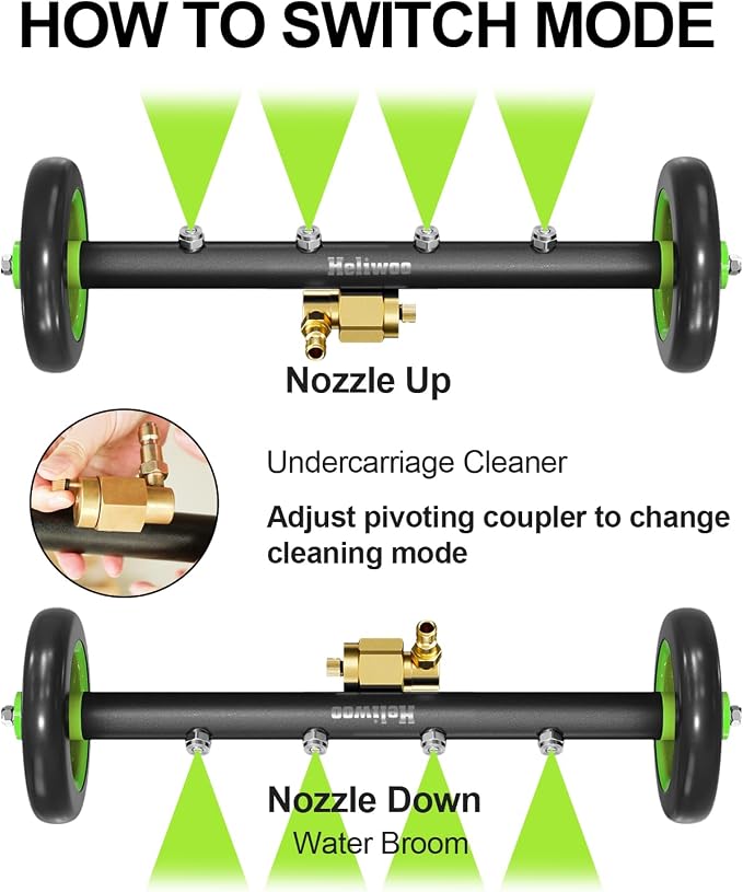 Undercarriage Pressure Washer Attachment 16 inch, Water Broom 4000 PSI | Heliwoo Dual Function Power Washer Surface Cleaner with 4 Nozzles & 3pcs 1/4’’ QC Extension Wand for Chassis Driveway Yard