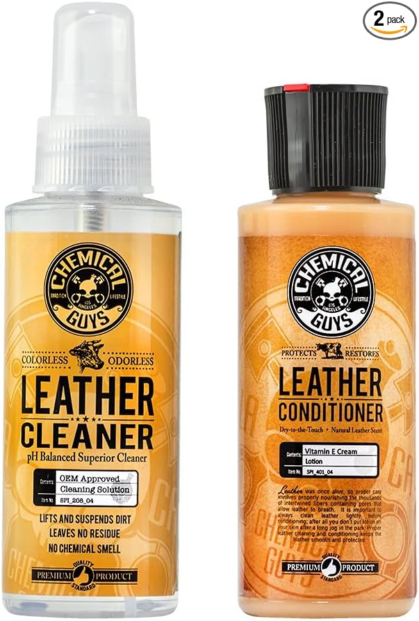 Chemical Guys, Leather Cleaner & Conditioner Kit, Travel Size, 2 x 4 oz | Two-step kit cleans then conditions seats, bags and boots, pH-balanced for natural and sealed leather