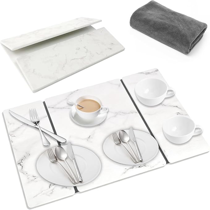 Dish Drying Mat Large Stone Dish Drying Mat For Kitchen Counter Collapsible Quick-Drying Sleek Diatomaceous Versatile Stone Drying Mats For Cups Dishes Bottles Marble (white, 16"×19")