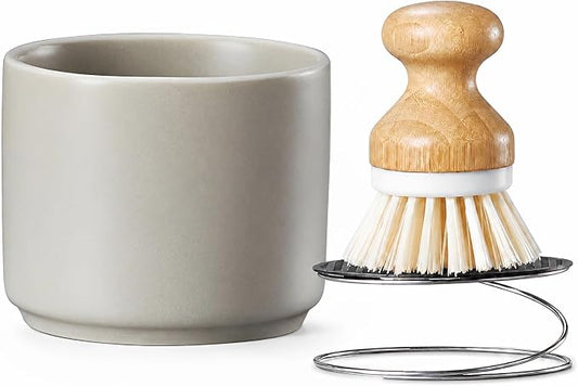 ONEMORE Bamboo Dish Brush with Ceramic Foaming Base, Kitchen Sink Scrub Brush Set with Spring and Mesh Insert, Wooden Handle Dishwashing Brush for Pots Pans Plates Bowls, Gray