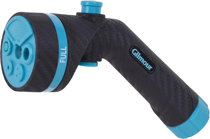 Gilmour Heavy Duty Button Control Garden Hose Nozzle with Swivel Connect | 5 Spray Patterns, Ergonomic Grip, Flow Control, Durable Graphite Metal Build, Multi Use for Plants, Pets, Cars, and Patios