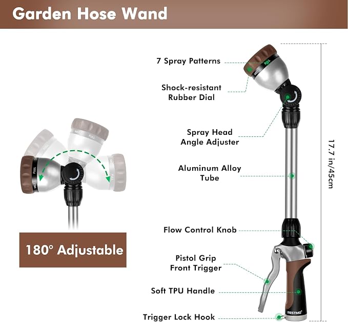 RESTMO Heavy Duty Metal Hose Wand, Watering Wand for Garden Hose | 180° Swivel Ratcheting Head, 16'' Hose Sprayer, 7 Spray Patterns, Flow Control, Ideal for Hanging Baskets & Shrubs, Brown