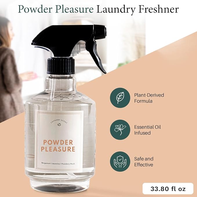 Chakra Freshener Fabric Spray - Long-Lasting Multi-Purpose Laundry Scent for Bedding, Clothes & Home Fabric Deodorizer, Luxury Room & Textile Deodorizer, Linen Spray w/Trigger, 34oz, Powder Pleasure
