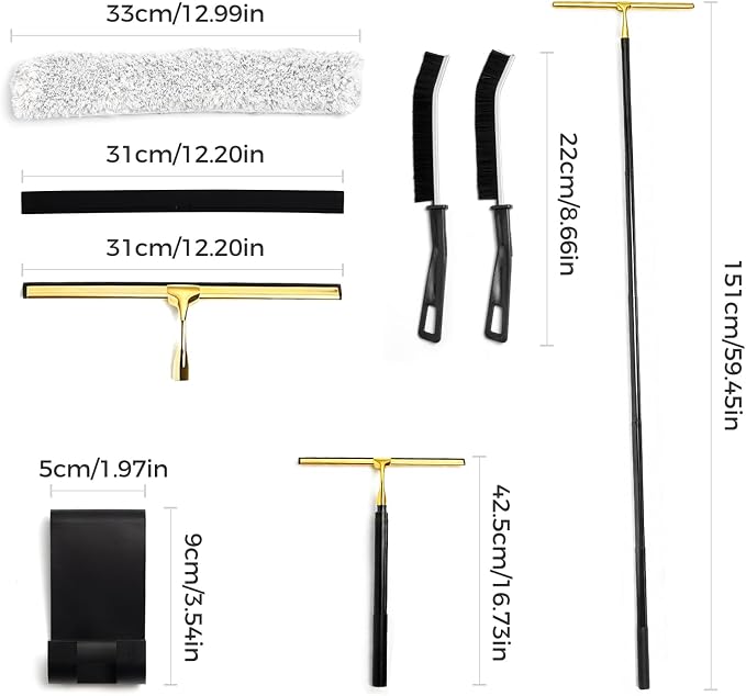 17“- 60" Extendable Long Handle 2-in-1 Window Squeegee Gold | 12.4" Wide Metal Shower Squeegee for Glass Doors, 2-in-1 Squeegee for Home Window Cleaning, Tile Wall, Car
