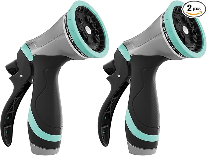 QUOBAS Metal Garden Hose Nozzle, Heavy Duty Water Hose Sprayer, Leak Proof | 10 Pattern Water Nozzle with Rubber Gasket, Garden Sprayer for Watering Plants, Washing Cars, Pet Shower, Blue, 2-Pack