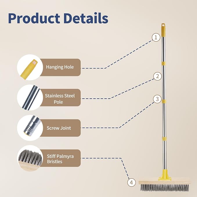 Stainless Steel Deck Brushes with Long Handle for Scrubbing Concrete Floor | 60" Concrete Floor Scrub Brush with Long Handle, Metal Stiff Wire Scrubber Broom for Garage, Patio, Garden, Outdoor Stain