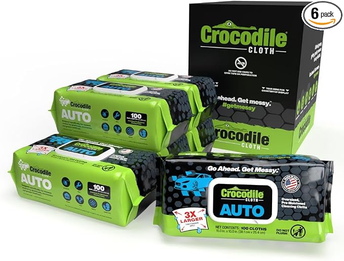 Crocodile Cloth Auto Degreasing Hand & Tool Wipes, 6 Packs, 600 Count | Car Wipes for Engine Degreaser, Detailing, Tires, Tools & DIY Projects