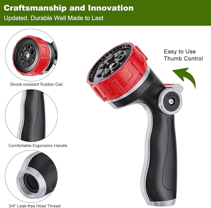 FANHAO Professional Garden Hose Nozzle Heavy Duty Metal, Thumb Control Spray Nozzle with 7 Patterns, High Pressure Water Nozzle with 3 Adjustable Jet Modes for Car Wash, Watering Lawn and Pets