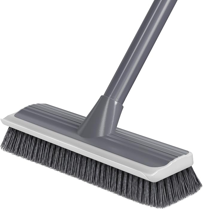 2 in 1 Floor Scrub Brush: Deck Brush with Squeegee | Long Adjustable Handle - 55'' Stiff Bristle Scrape Brush for Deck Patio Garage Shower Bathroom