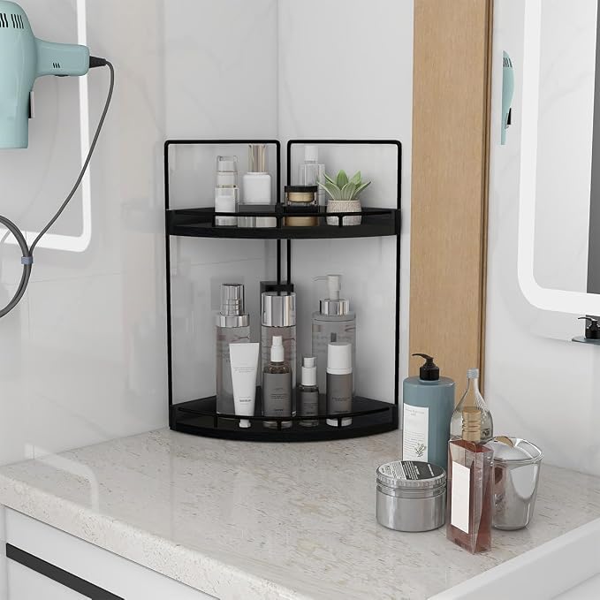Dorhors 2-Tier Bathroom Counter Organizer,Vanity Counter Corner Shelf, Skincare, Wood Countertop Bathroom Storage and Organization for Kitchen (Black)