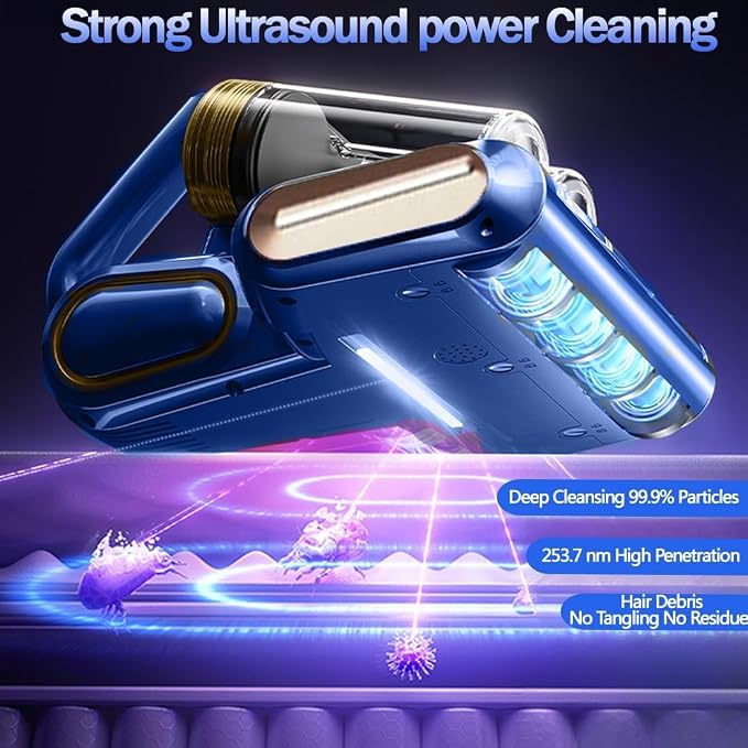 Mattress Vacuum Cleaner, 18Kpa Bed Vacuum Cleaner with 253.7nm UV-C Light & Heating & Ultrasonic Quintuple Tech & 80000 RPM/Min Brushroll Rotation, Widened Suction Port, 500W, Cordless (Blue)