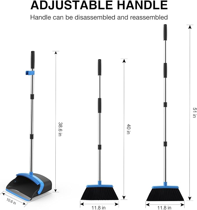NACENA Broom and Dustpan Set with 52-in Long Adjustable Handle, Black Blue | Broom Dustpan Combo with Dustpan Teeth to Automatically Clean Hair Suitable for Home Kitchen Office Hall Floor