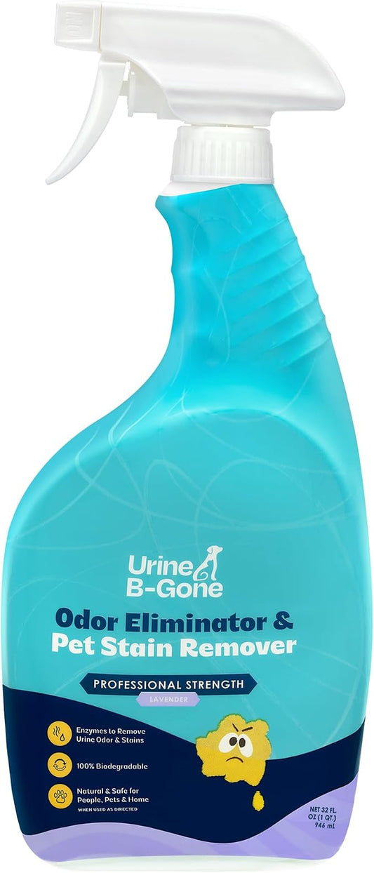 Urine B-Gone, Professional Enzyme Odor Eliminator & Pet Stain Remover, Human, Cat & Dog Urine Cleaner, Effective on Laundry, Carpets & More, Lavender Scent, 32oz