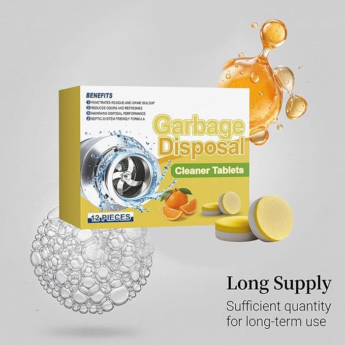 Garbage Disposal Cleaner and Deodorizer Tablets - 12Pcs, Powerful XXL Foaming Disposal Cleaner - Citrus Scented Foam, Natural Garburator & Sink Freshener, Septic Safe Kitchen Drain Cleaning Care