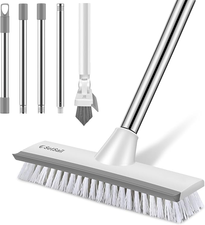 SetSail Floor Scrub Brush and Grout Brush with 51-in Long Handle,Grey White | 2 in 1 Scrape Brush Stiff Bristle Floor Scrubber for Cleaning Shower Bathroom Garage Kitchen Wall Deck Tub Tile