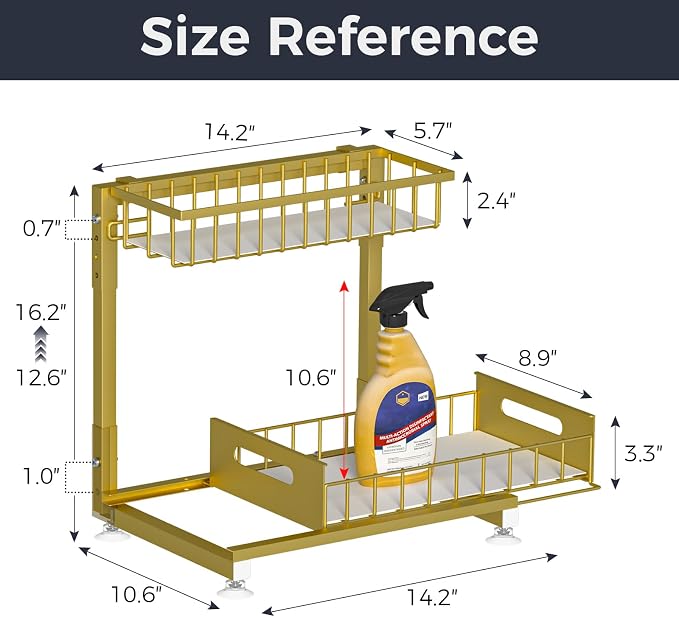 Saydear L-Shaped Under Sink Organizer, 2-Tier Pull-out Cabinet Rack 1-Pack | Gold Height-Adjustable Steel Rack, Sliding Grid Drawers with PP Liners, Holds 100 Lbs, Suction Base, Ideal Kitchen Storage