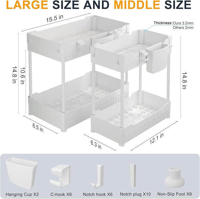 Sevenblue 2 Pack Under Sink Organizer, Under Bathroom Cabinet Organizer with Hooks Hanging Cup, Multi-Purpose Storage Shelf for Kitchen Bathroom (White, 14.8 Inch)