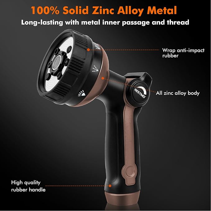 RESTMO Garden Hose Nozzle Heavy Duty, Metal Sprayer Nozzle Thumb Control | 8 Spray Patterns Full Shower Water Hose nozzle for Garden Hose, Ideal for Lawn & Plant Watering, Car & Pet Washing, Brown