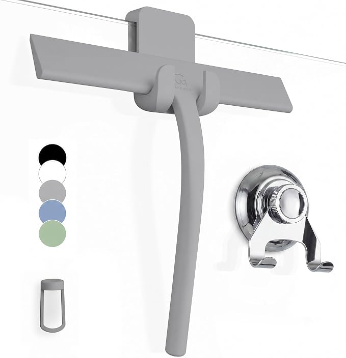GÜTEWERK Silicone Shower Squeegee for Glass Doors & Mirrors with Stainless Steel Core, Streak-Free & No-Squeak Window Cleaning, 3-in-1 No-Drill Mount (Hook/Suction/Adhesive),Gray, 9 Inches