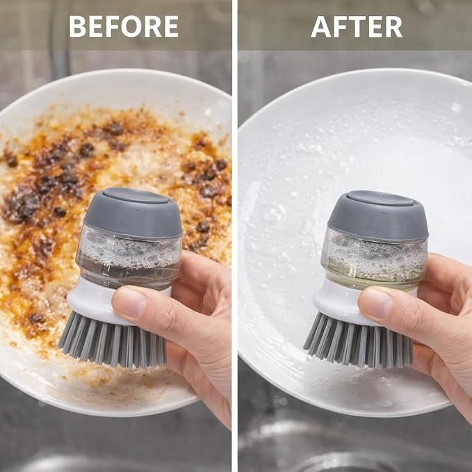 Soap Dispensing Dish Brush with Holder – Leakproof Kitchen Scrubber Brush with Soap Dispenser, Palm Grip Dish Cleaning Brush for Pots, Pans, Sink & Dishes – Gray