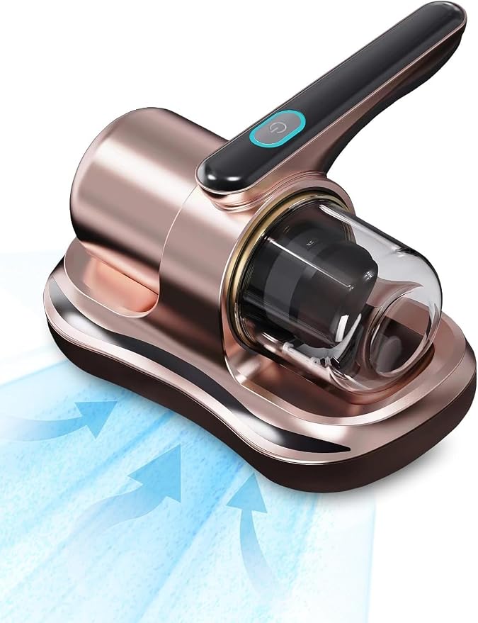 Cordless Mattress Vacuum Cleaner with UV Light Handheld Bed Vacuum with Ultrasonic & Heating Tech, 2 HEPA Filters, Strong Suction for Mattress, Sofa, Carpets, Pet Hair (Gold)