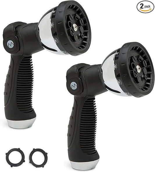 Morvat Garden Hose Nozzle Sprayer with 10 Spray Patterns, Slip Resistant Thumb Controlled Grip with On/Off Lock, Heavy-Duty High Pressure Water - Flow Control for Plants, Lawn, Pets, Cars - 2-PACK