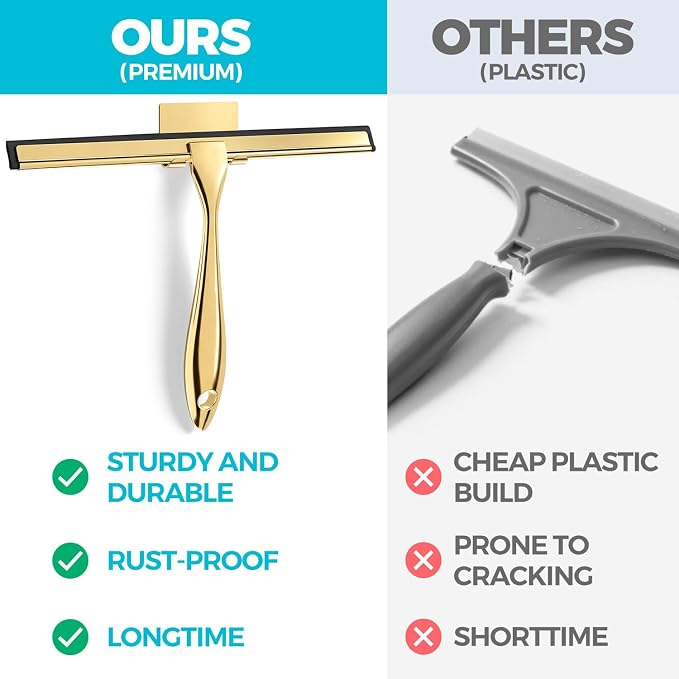 ALFLOD 2pcs Shower Squeegee for Glass Doors with Adhesive Hanging Hook Set | 12” gold, bathroom accessories, window cleaner, new home essentials, soft rubber blade, metal handle, ergonomic grip