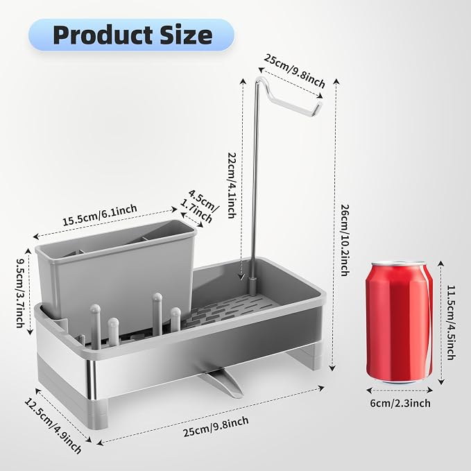 Ewaiira Sponge Holder for Kitchen Sink, Stainless Steel Sink Caddy with Brush Holder & Dishcloth Rack, Countertop Sink Organizer, Soap Dispenser Kitchen Organizers Storage Essentials (F-Gray 9.8″)