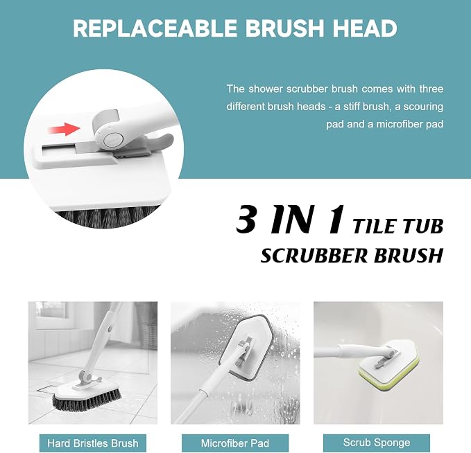 nacena Shower Scrubber with Long Handle, 4 in 1 Tile Tub Scrubber Brush with 3 Detachable Cleaning Heads and V-Shaped Grout Brush Shower Cleaner Brush for Bathroom Kitchen Toilet Tub Sink, Grey White
