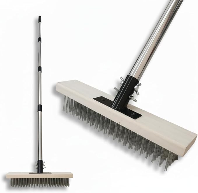 Wire Broom, Stainless Steel Scrub Brush with 59in Handle | Heavy duty wire brush removes weeds and moss from patios, decks, concrete, gardens, and garages. (59in)