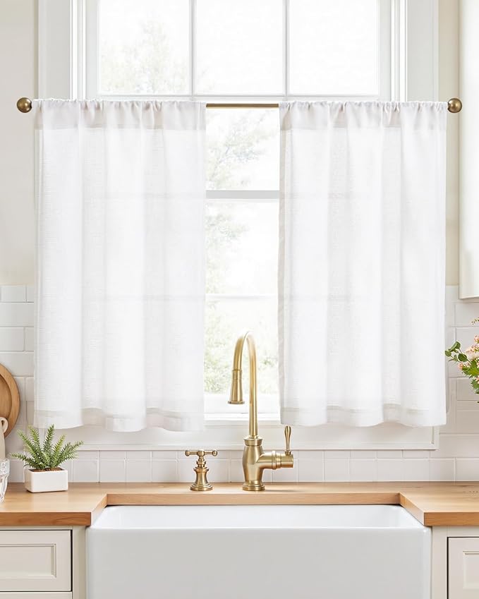 jinchan Modern Linen Rod Pocket Tier Curtains, 26x36, 2 Panels, White | Light filtering, cafe curtains, machine washable, farmhouse, kitchen, bathrooms, laundry, small window, over sink