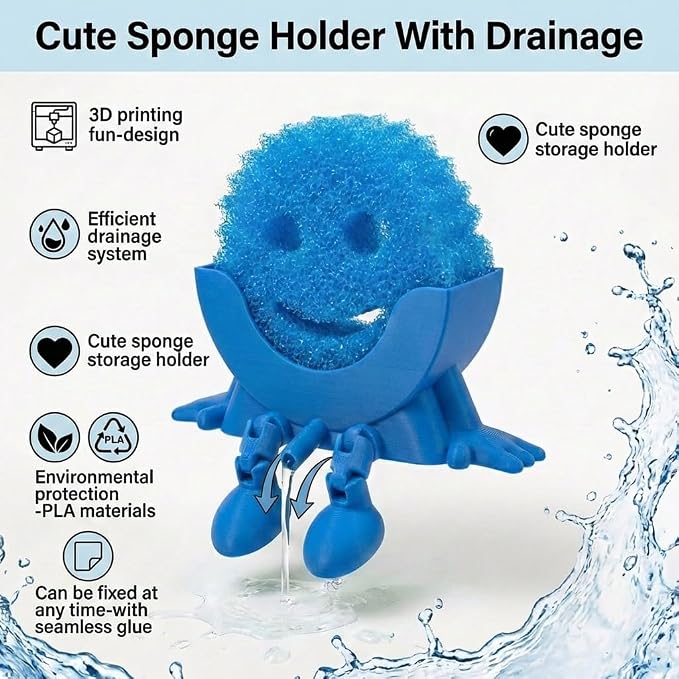 Creative Drainage Sponge Holder: Traceless Glue, 3D Printed Funny Kitchen Sink Holder, Keeps Sponge Dry – for Scrub Daddy (1, Blue)