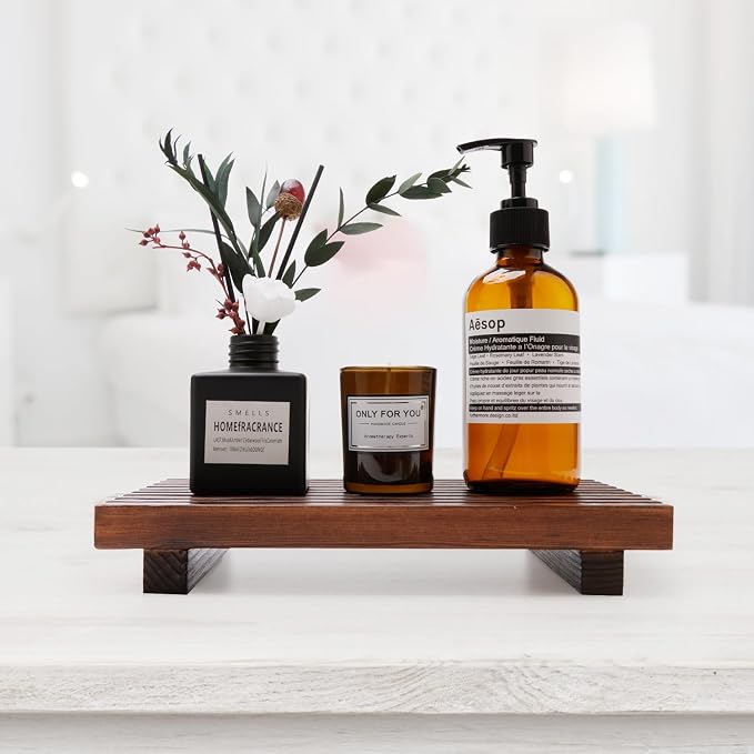 Farmhouse Bathroom Counter Organizer Wooden Display Stand Kitchen Tray | Small Counter Trays Decorative Wood Riser Pedestal Dish Soap Dispenser Holder for Bathroom Decor Sink Accessories Vanity Tray