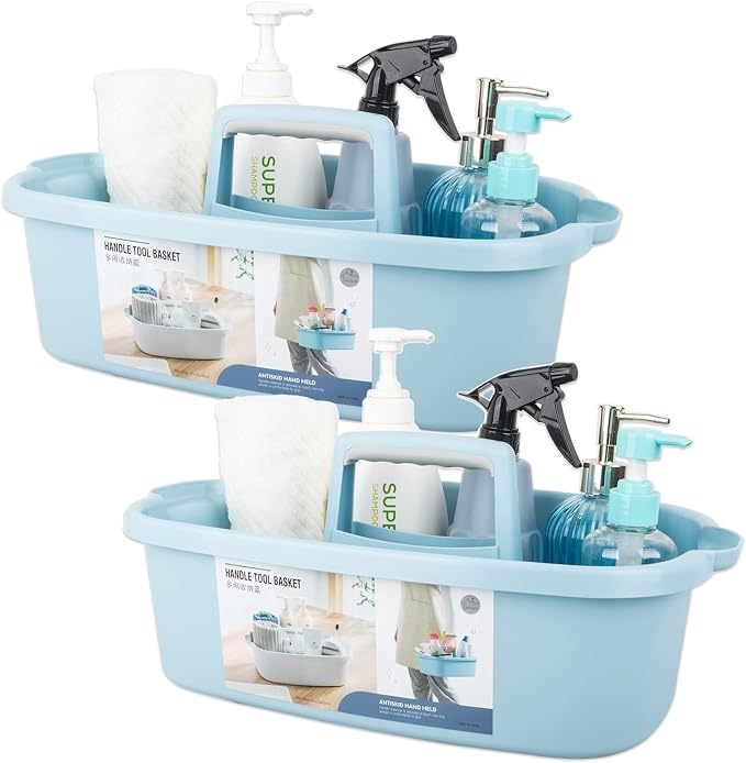 Large Cleaning Supplies Caddy Portable Shower Caddy Basket Blue 2 Pack | Sturdy Supply Organizer with Handle Plastic Bucket Tool Storage for Bathroom Bedroom Kitchen Garden College Dorm Essentials