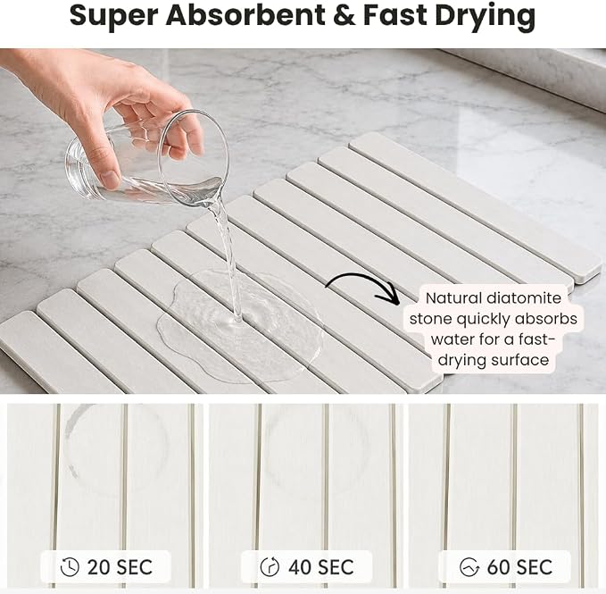 Stone Dish Drying Mat for Kitchen Counter, Large Quick Dry Diatomaceous Earth Stone Drying Mat, Foldable Water Absorbent Dish Drying Mat for Dishes, Cups, Bottles, Kitchen Sink & Countertop (White)