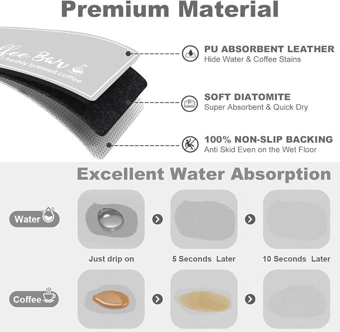 Findosom Dish Drying Mat, 12"x 20" Super Absorbent & Hide Stain Coffee Mat, Cuttable Drying Mat for Kitchen Counter, Coffee Bar Accessories, Under Dish Rack, Coffee Maker, Espresso Machine, LightGrey