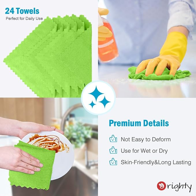 Orighty Microfiber Cleaning Cloth - 24 Pack, Green Cleaning Rags 12x11 inch | Microfiber Towels for Cars, Highly Absorbent Household Cleaning Supplies, Reusable Lint Free Cloths for House, Kitchen