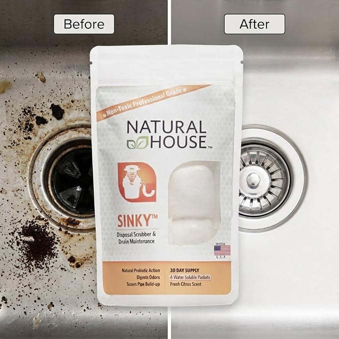 Natural House Sinky - Plant-Based Enzyme Drain Cleaner & Garbage Disposal Pods - Breaks Down Grease, Food Scraps - Septic-Safe, Plumbing-Friendly - Citrus Scent - 60 Count
