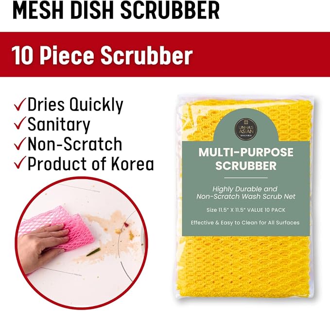 Unha's Mesh Dish Scrubber Cloths, 10 Pack, Product of Korea | quick dry polyester mesh dish scrubbers, reusable dish cloths, non-scratch, pots pans sink cleaning
