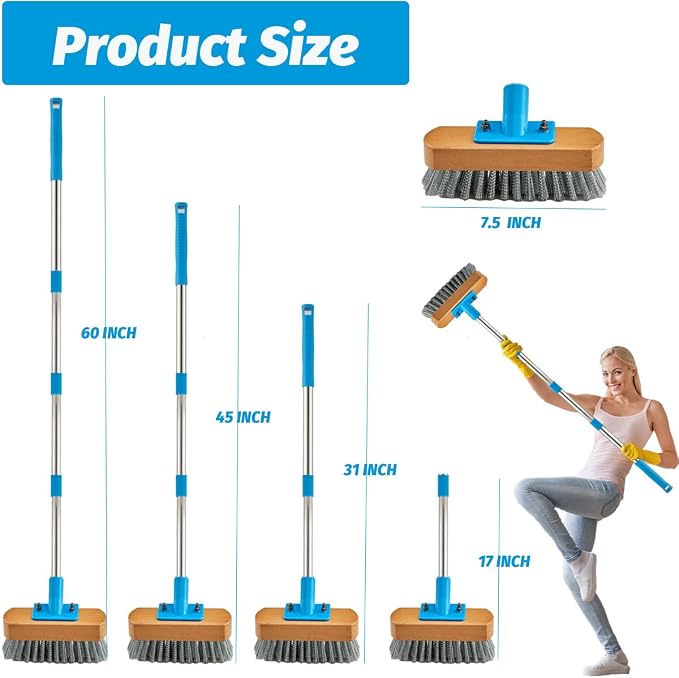 YONILL Stainless Steel Deck Scrub Brush with 60" Long Handle for Outdoor | Heavy Duty Floor Scrubber Brush, Moss Remover Wire Cleaning Brushes for Rough Surface, Concrete Floor, Patio, Garden, Garage