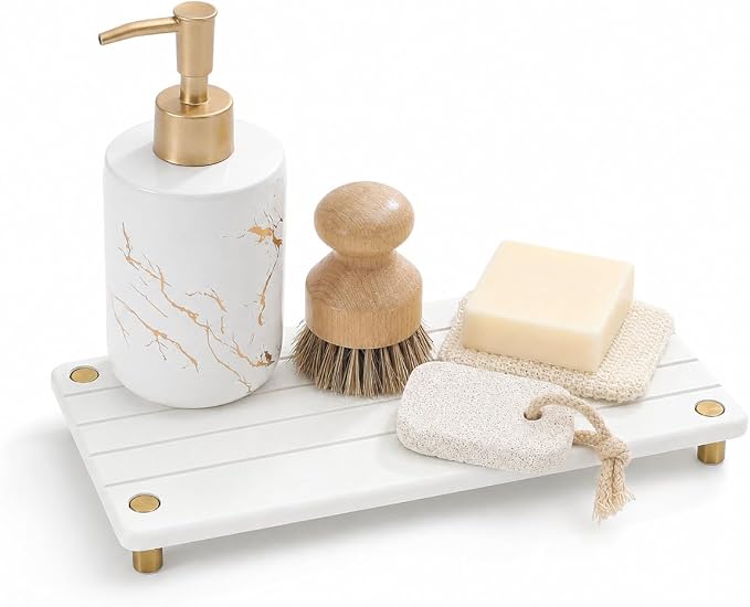 Razborci Instant Dry Sink Caddy Kitchen Sink Organizer, Quick Drying Stone Tray Diatomite Sponge Holder Soap Dish, Bathroom Countertop Fast Dry Water Absorbing Vanity Rack, Gold White, 12" x 5"