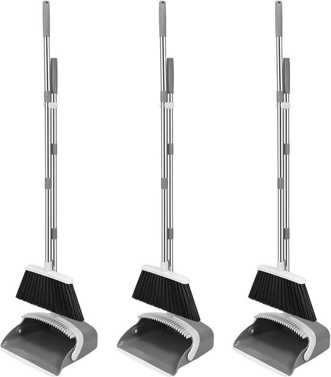 NACENA Broom and Dustpan Set, 52-in Long Adjustable Handle Broom Dustpan Combo with Dustpan Teeth to Automatically Clean Hair Suitable for Home Kitchen Office Hall Floor (Grey&White),3 Pack