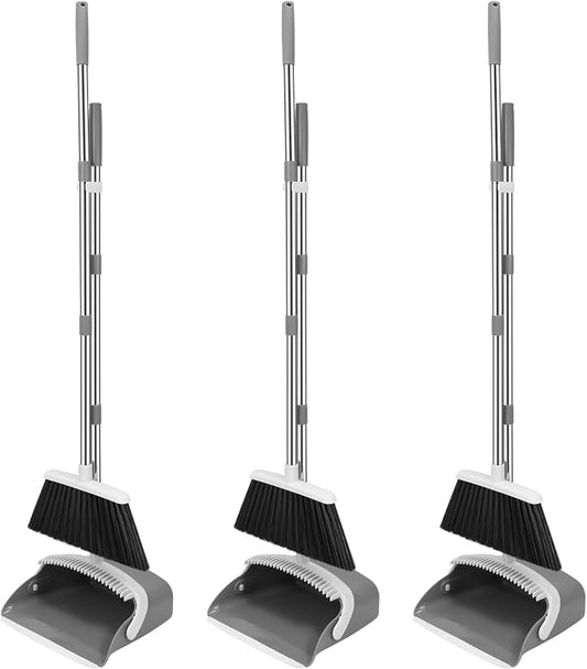 NACENA Broom and Dustpan Set, 52-in Long Adjustable Handle Broom Dustpan Combo with Dustpan Teeth to Automatically Clean Hair Suitable for Home Kitchen Office Hall Floor (Grey&White),3 Pack