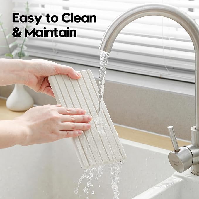Diatomaceous Earth Sink Organizer Tray Set, 3-Pack Fast Drying Water Absorbing Stone Soap Holder Caddy for Kitchen & Bathroom Counter, Faucet Splash Guard, Beige (1pc of 8"x3.8" + 2pcs of 3.8"x3.8")