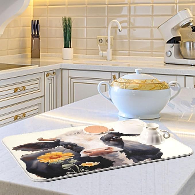 Dish Drying Mat Kitchen Counter Absorbent Flower Cow Coffee Sink Mat Dish Drainer Pad 18 Inch x 16 Inch