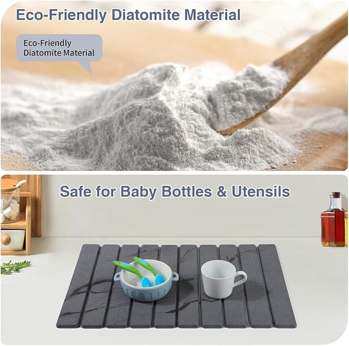 Diatomaceous Earth Stone Dish Drying Mat, 24 x 16 Inches Large | Fast-absorbing in 30s, Eco-friendly stone, foldable, heat-resistant, great for kitchen counter, cups, utensils, pet bowls
