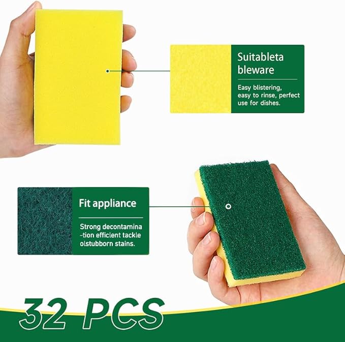 Kitchen Scrub Sponges 32 Count, Non-Scratch Scrub Dish Sponges for Cleaning, Effortlessly Clean your Stovetop, Sinks, Stoves, Appliances