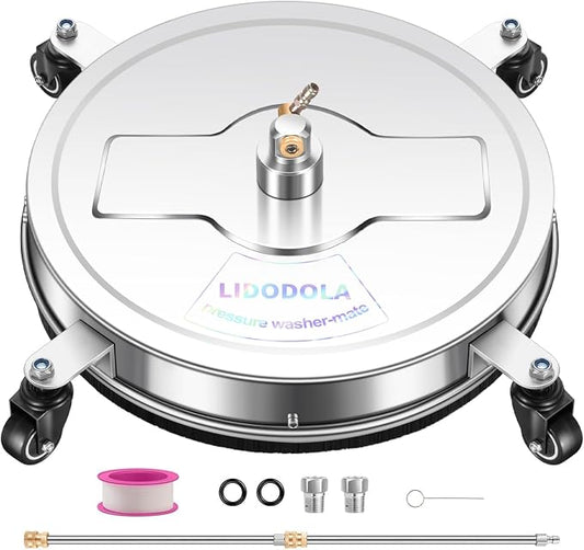 LidoDola 20'' Pressure Washer Surface Cleaner, Power Washer Accessory | Stainless Steel Housing with 4 Wheels, 1/4" QC, 2 Extension Wands & 2 Replacement Nozzles, for Gas & Electric Pressure Washer